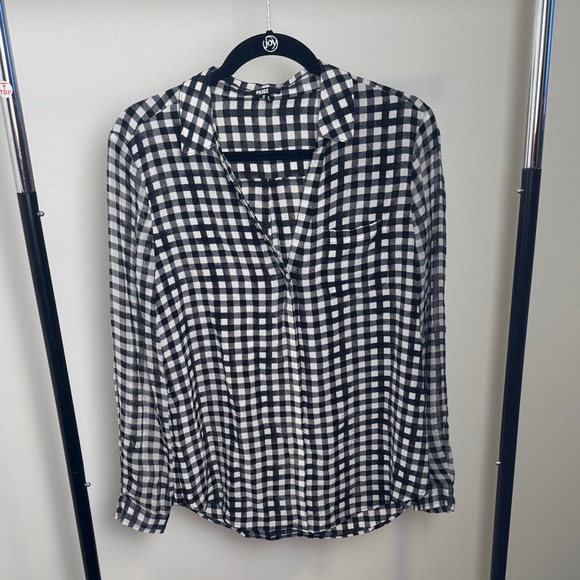 PAIGE Tops - PAIGE Black and White Gingham Silk Lightweight Button Up Blouse Size Small